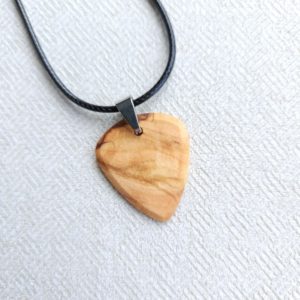 Olive Wood Guitar Pick Necklace- Close up