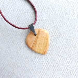 Olive Wood Jazz Guitar Pick Necklace- Close up