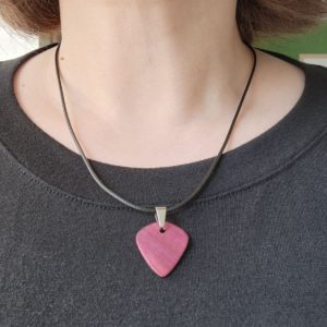 Wearing a Purpleheart Jazz Guitar Pick Necklace